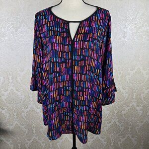 Avenue Size 14/16 Multicolor "Stained Glass" Blouse Keyhole Front 3/4 Sleeves